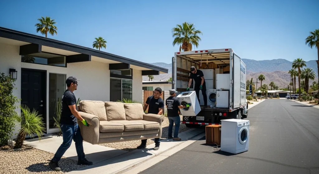 Junk removal team loading sofa and appliances into truck outside Palm Desert home